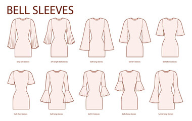 Set of Bell sleeves clothes long, short, 3-4, elbow length funnel technical fashion illustration with fitted body. Flat apparel template front side. Women, men unisex CAD mockup