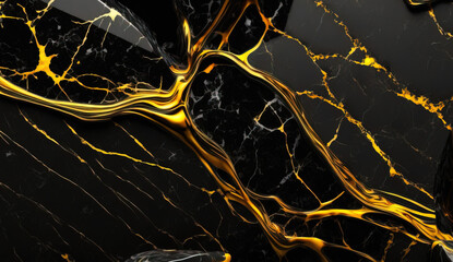 3D Rendering of a black and gold Marble texture. With a rough surface black marble. Golden cracks in between. Generative AI.