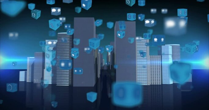 Animation of digital icons floating over 3d buildings model against light trail on blue background