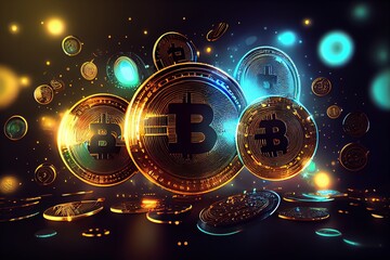 Bitcoin with futuristic theme cryptocurrency coins abstract background. Generative AI