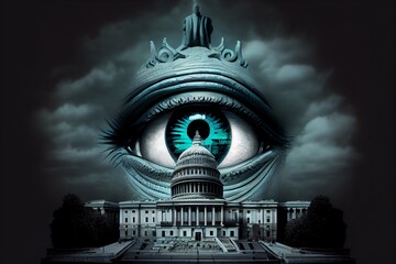 Government capitol building with evil looking face in the design representing big brother with government overreach. Created with. Generative AI - obrazy, fototapety, plakaty