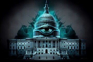 Government capitol building with evil looking face in the design representing big brother with government overreach. Generative AI - obrazy, fototapety, plakaty