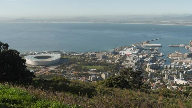 Cape town harbour and sport stadium arena, seen from Signal Hill