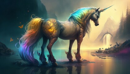 Rainbow unicorn. Generative AI.