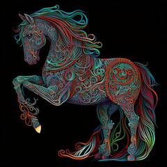Celtic art of east totem and west style in psychedelic. Fit for apparel, book cover, poster, print. Horse illustration.
