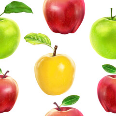 Illustration realism seamless pattern fruit apple of different colors on a white isolated background. High quality illustration