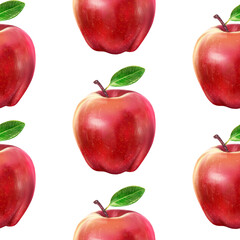 Illustration realism seamless pattern fruit apple red color on a white isolated background. High quality illustration