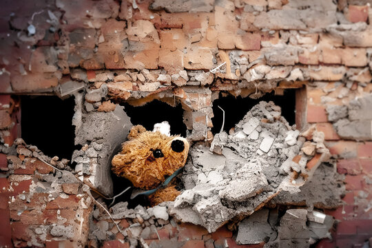 Teddy bear on the ruins of the house after the earthquake Turkey, Generative AI