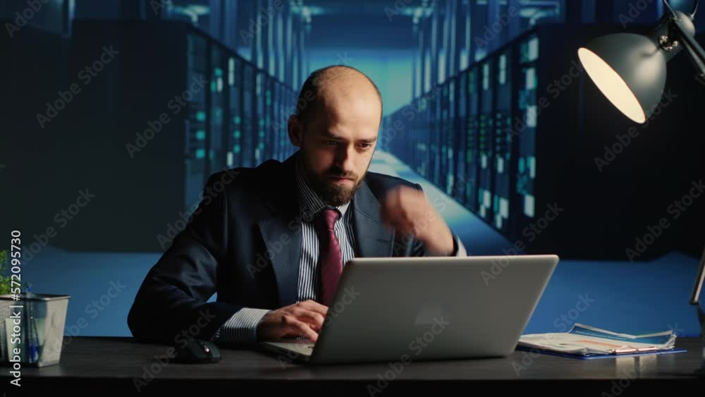 Poster frustrated database admin making mistake in data center, working under pressure with mainframe compu