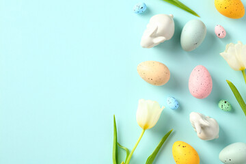 Fototapeta na wymiar Tulips, Easter eggs, bunnies on pastel blue background. Happy Easter greeting card design.