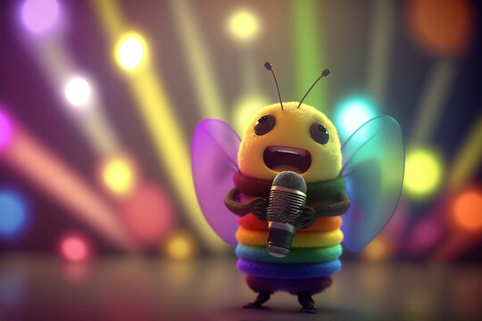 Funny happy bee or butterfly singing in the karaoke party on a stage. Generative AI