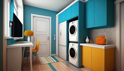 Fototapeta na wymiar Modern laundry room design, Sky blue, Blue Green, Prussian blue
