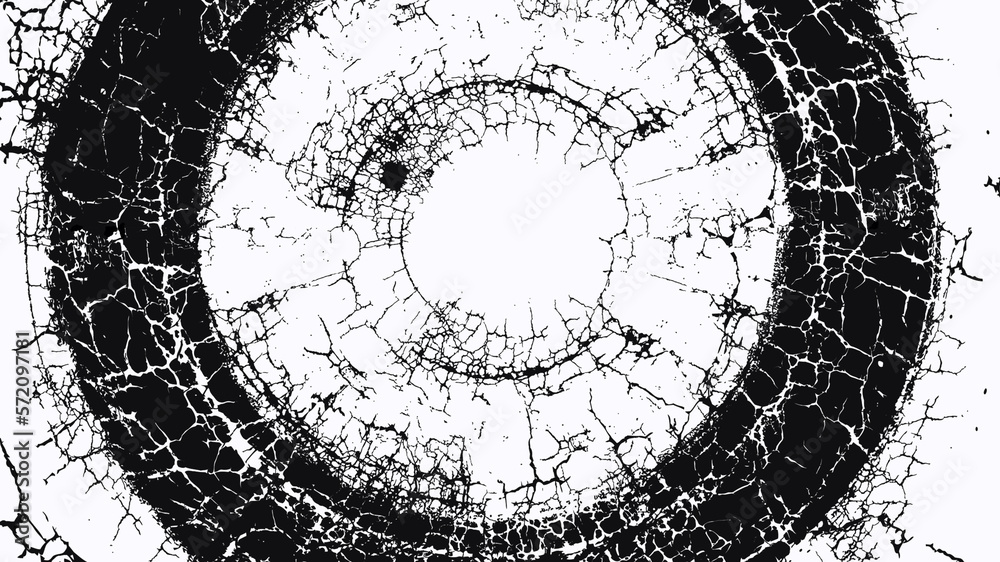 Poster a digital illustration of an abstract background with black cracks in a circle on white background.
