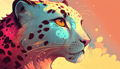 Snow leopard, close-up on head and eyes, realistic, vibrant colors, AI generative