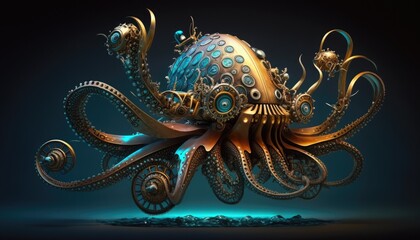 Steampunk mechanical object, blend between octopus and motorbike, part creature, part bike, moving underwater, AI generative. - obrazy, fototapety, plakaty