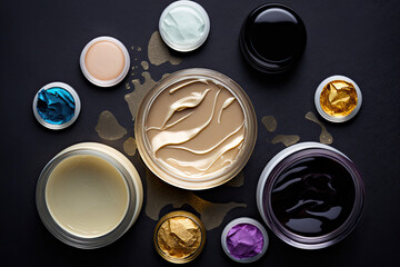 Smudges and samples of various beauty products, cream, moisturizer, serum on black background. AI generative