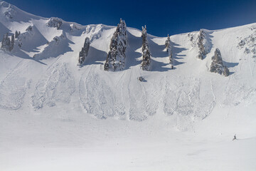 Avalanches descend among the rocks in the mountains