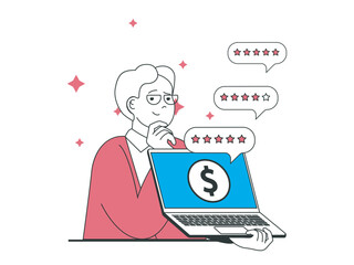Freelance concept with character situation. Success freelancer gets lot of best client reviews, does excellent job and has high rating. Vector illustration with people scene in flat design for web