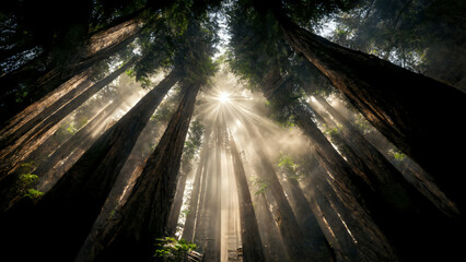 Sunlight through redwood forest california - obrazy, fototapety, plakaty