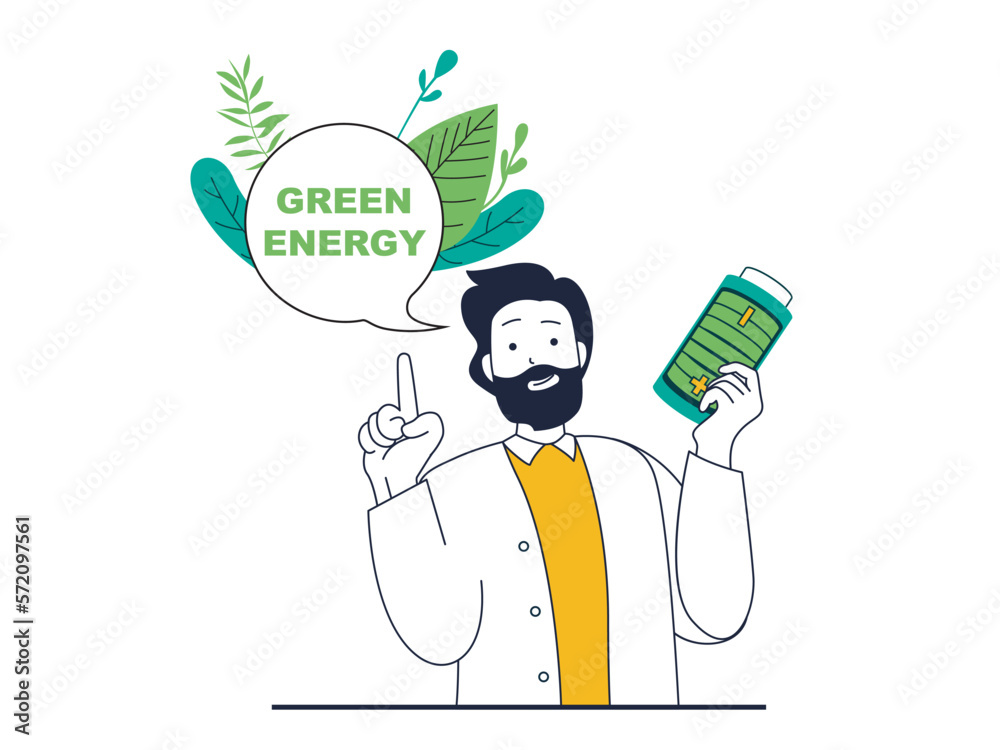 Aufkleber green energy concept with character situation. man holding battery with eco friendly technology, ren