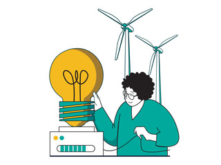 Green energy concept with character situation. Woman uses alternative energy sources and eco friendly technology of wind turbines station. Vector illustration with people scene in flat design for web
