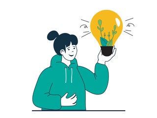 Green energy concept with character situation. Woman holding light bulb with green leaves, eco friendly technology and nature conservation. Vector illustration with people scene in flat design for web