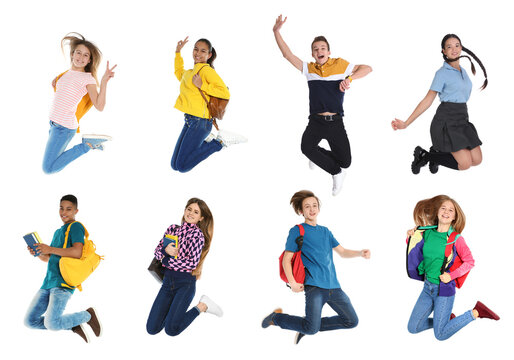 Collage with photos of jumping teenagers on white background