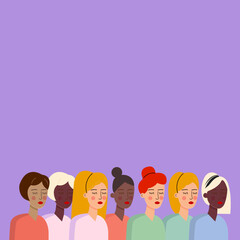 Vector, illustration, background of seven women of different culture and race, representing women's day, with purple background