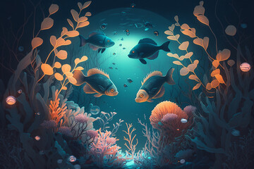 Fototapeta na wymiar A dreamy underwater fish scene with glowing creatures and plants, Generative AI 
