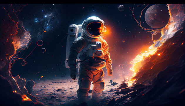 fire, people, person, astronaut, moon, space, astronaut in space, Generative IA