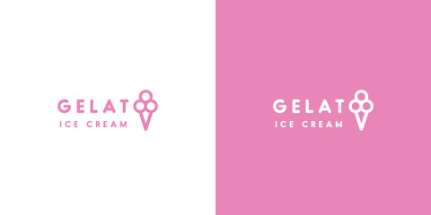 Illustration of a minimalist gelato logo icon vector symbol flat simple silhouette lettering alphabet font milk ice cream drink creative ideafast food that is cold, pink, and elegant Scoop cone sundae