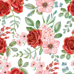 Red Rose with Gold Line Watercolor floral seamless pattern. Luxurious floral backgrounds, textile or wallpaper design, prints and invitations, and postcards.