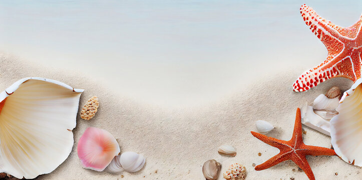 Shells and starfish on sand,  top view Summer travel background for beach banner.  Image created with generative ai