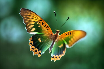 Open colorful exotic butterfly on blurred green background. Generated by AI.