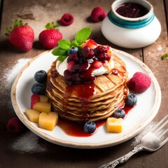 Close-up delicious pancakes, with fresh blueberries, strawberries and maple syrup on a light background. With copy space. Sweet maple syrup flows from a stack of pancake, GENERATIVE AI