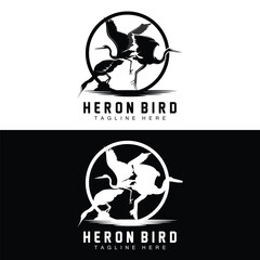 Bird Heron Stork Logo Design, Birds Heron Flying On The River Vector, Product Brand Illustration
