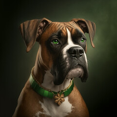 St. Patricks Day boxer dog, green eyes, green and gold collar, generative AI illustration