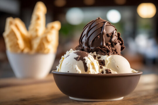 Tasty ice cream with chocolate in bowl on wooden table in restaurant blur background. Generated by AI.