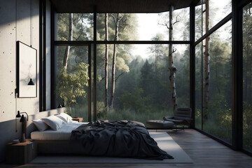 Forest's Serenity: A Modern and Minimalist Room with Stunning Views - AI Generative