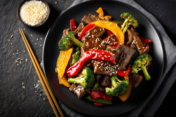 Tasty Teriyaki Beef with red and yellow Bell Peppers: A Deliciously Flavorful Ai Generative
