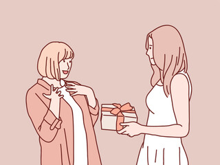 Young smiling daughter mother together gifting birthday present simple korean style illustration