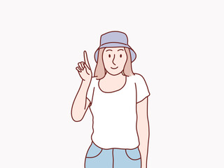 Eureka smart girl got an idea raising finger pointing on top simple korean style illustration