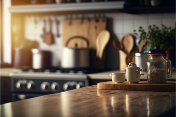 Fototapeta na wymiar kitchen background at home, with full detail of utensils, generative ai.