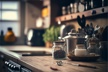 kitchen background at home, with full detail of utensils, generative ai.
