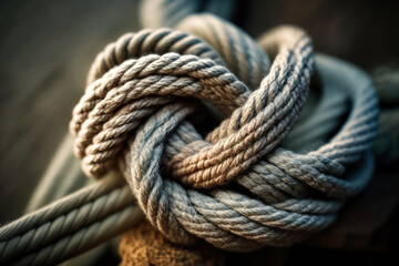 Close-up shot of a weathered rope on a sailboat, emphasizing its texture and knots, generative ai - obrazy, fototapety, plakaty