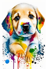 colorful watercolor ink painting of retriever puppy created with generative ai