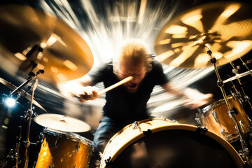 Naklejka premium drummer hitting the snare drum with drumsticks in a concert, with motion blur, generative ai
