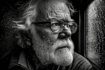 elderly man's creative self-portrait captured in black and white, generative ai - obrazy, fototapety, plakaty