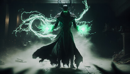 Futuristic Nercomancer sorcerer with green magic in hands