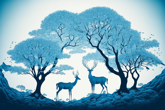 Japanese style, blue trees landscape, deers, light blue background, minimalistic © Weboss